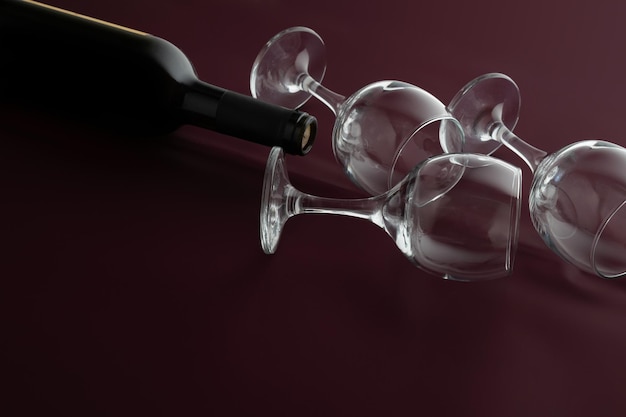 Wine glasses and bottle on red background with copy space