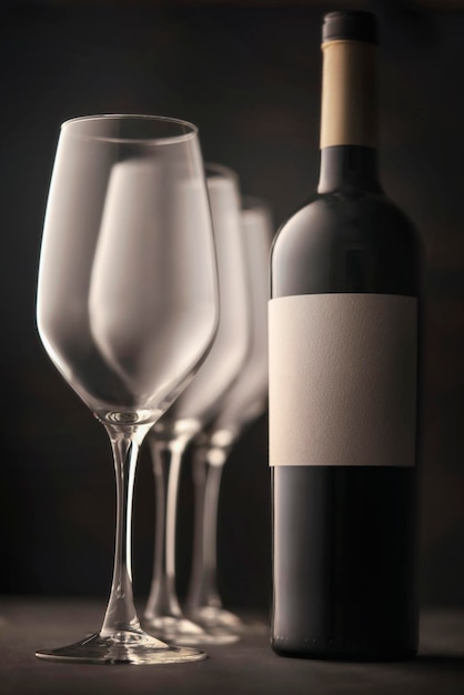 Wine glasses and a bottle of red wine with a white label without an inscription Beautiful soulful still life dark background atmospheric mood