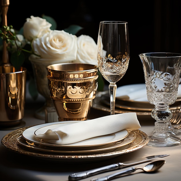 Wine glasses and empty plates served with cutlery and crockery