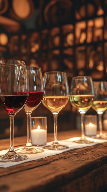 Wine glasses filled diverse wines wooden table restaurant ambiance For Social Media Post Size