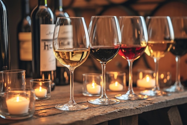 Виновые бокалы наполнены различными винами деревянный стол ресторанная атмосфера