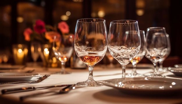 Wine glasses in the foreground Wedding Banquet or gala dinner The chairs and table f Generative AI