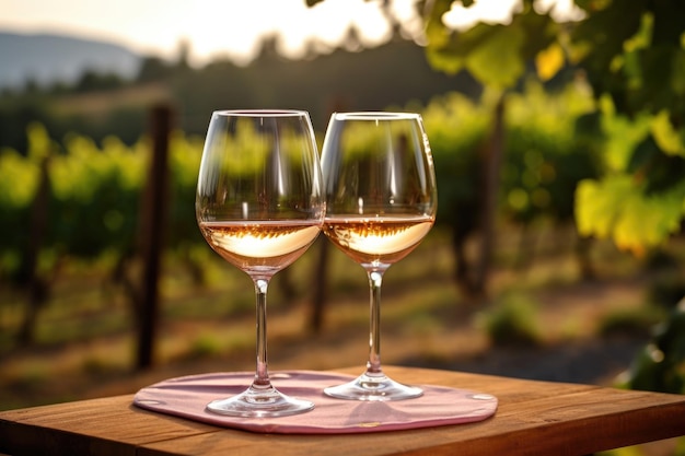 Wine glasses on a glass table with a blurred vineyard background created with generative ai