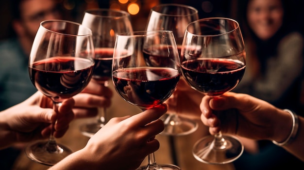 Foto bicchieri di vino nelle mani di amici insieme ia generativa