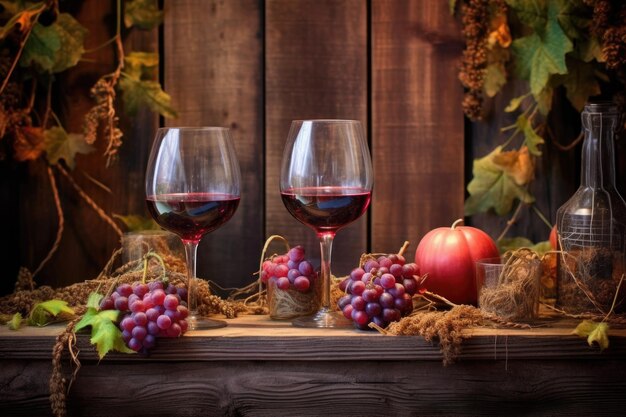 Wine glasses on a rustic wooden table with grapevine background created with generative ai