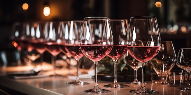 Wine glasses set on a table part of an inviting dinner setting