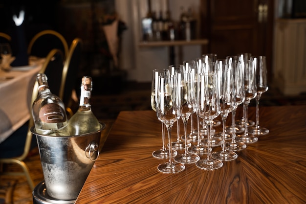 Wine glasses on the table in restaurant. Aperetif before party.