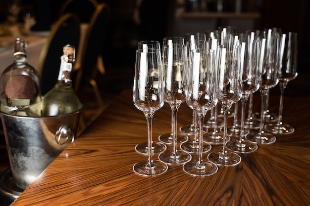 Wine glasses on the table in restaurant. Aperetif before party.