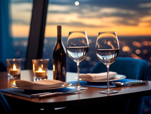 Wine glasses on the table in a restaurant with a view of the sea