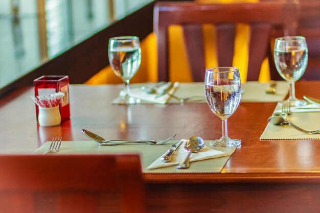 Wine glasses on table in restaurant