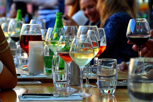 Wine glasses on table in restaurant