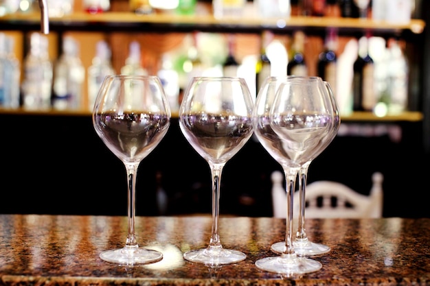 Wine glasses on a table in a restaurant