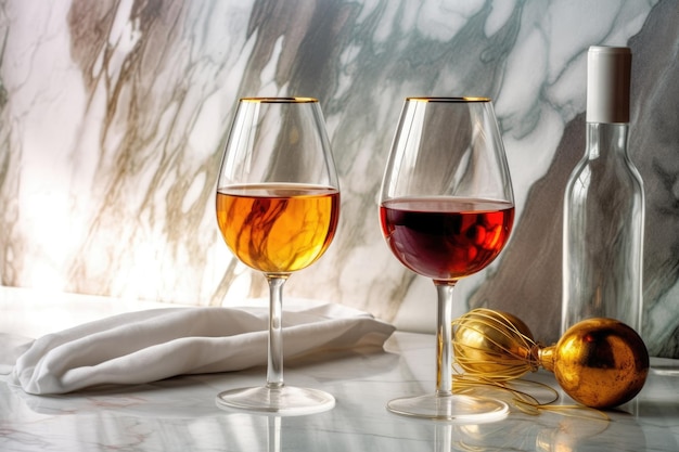 Wine glasses with golden rims and a bottle on a marble surface created with generative ai