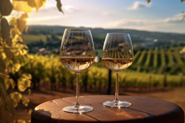 Wine glasses with a vineyard landscape in the background created with generative ai