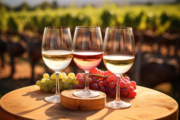 Wine glasses on a wooden barrel in a vineyard