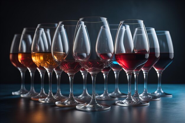 Wine glasses on a wooden table against the background ai generative