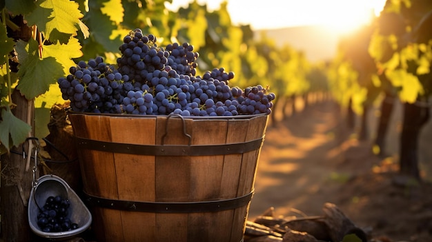 wine grapes on a barrel in the vineyard