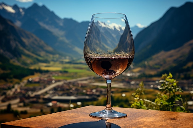 Фото Вино в бокале на деревянном столе в горах