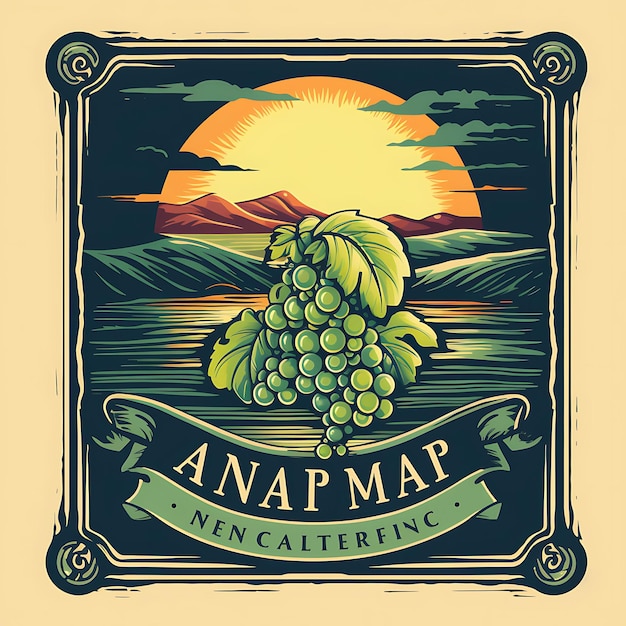 Фото Этикетка вина napa valley grapes and sunset green and gold clas 2d label vintage design packaging tem