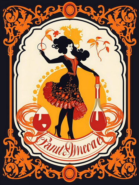 Wine label spanish flamenco dancers and oranges bold colors 2d label vintage design packaging tem