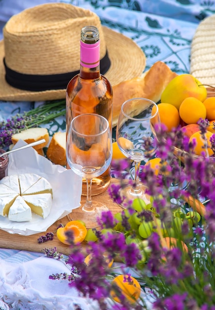 Wine in a lavender field Selective focus