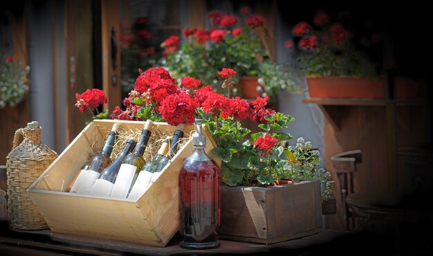 Wine in old bottles on a crate