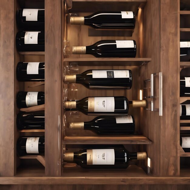 A wine rack with a wooden shelf that says