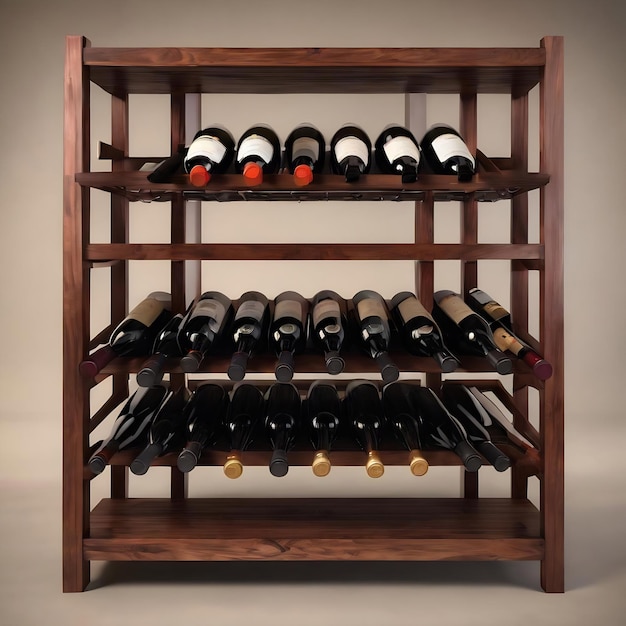 A wine rack with a wooden shelf that says