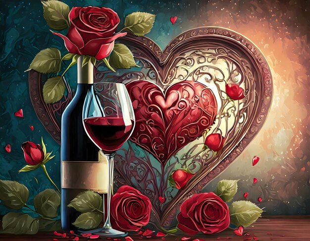 wine and roses valentine concept