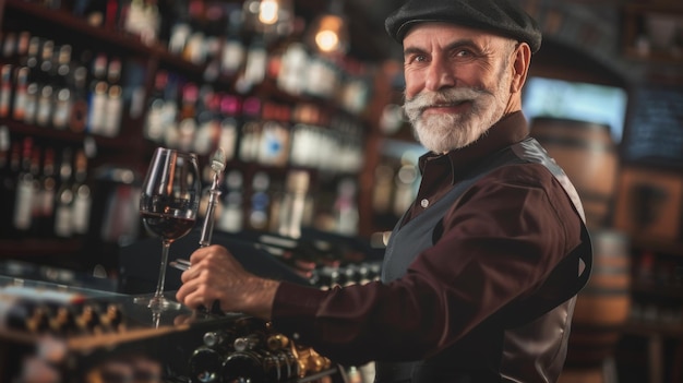 Wine Shop Owner tegen de achtergrond van vitrines met glazen flessen oude en nieuwe wijn uit di