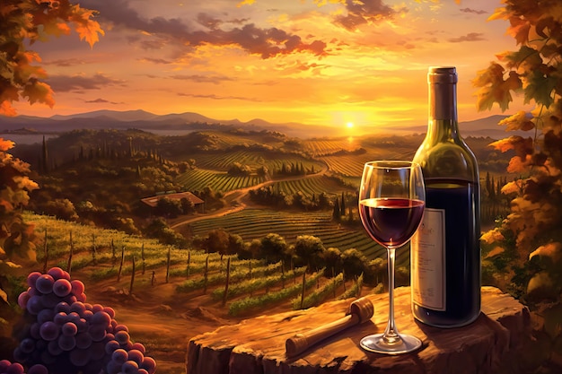 日没時のブドウ畑に対するワインの静物秋の収穫のブドウ畑