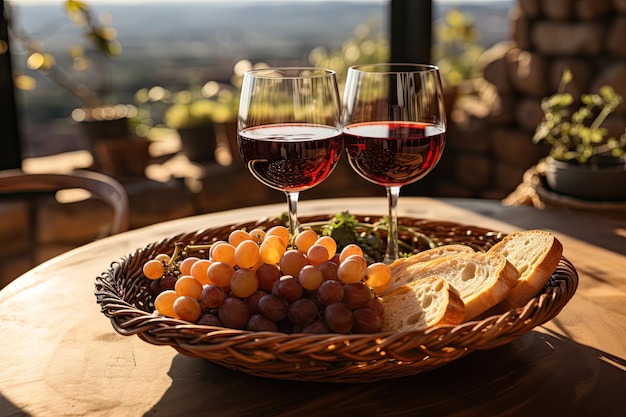 Wine tasting in winery with vineyards in the background generative IA