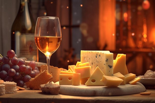 Foto vino con snack di formaggio aperitivo su sfondo rustico con bokeh festivo generative ai