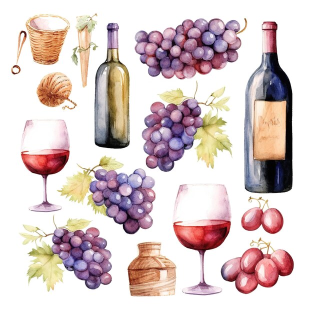 wine with grapes hand painted illustrations clip art set