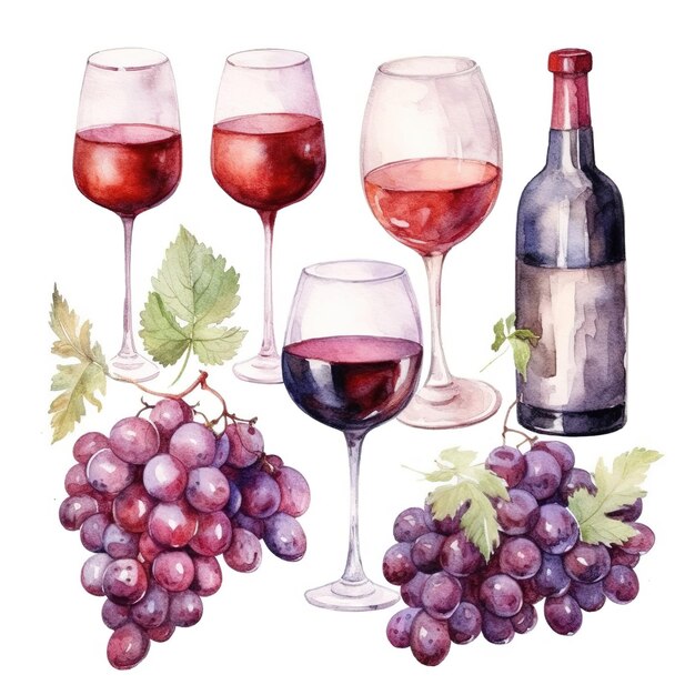 Foto vino con uva illustrazioni dipinte a mano set di clip art