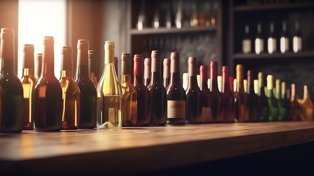 Wine wooden table background Blurred wine shop with bottles Bright color Generative Ai