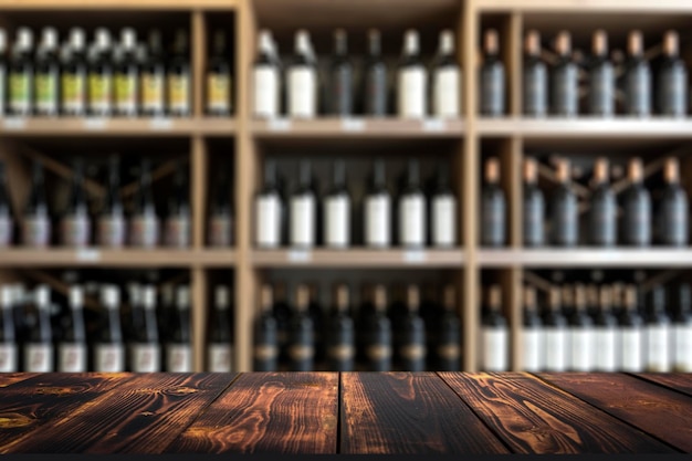 Фото Фон винного деревянного стола размыт винный магазин с бутылками на прилавке фото высокого качества