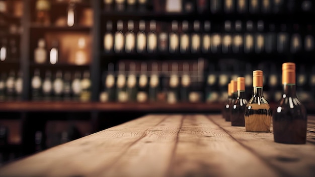 Wine wooden table background Blurred wine shop with bottles