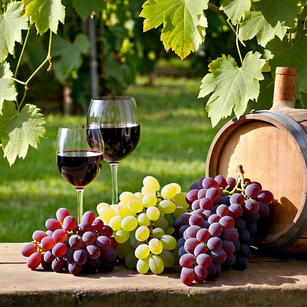 Wineglass and bunch of grapes on wooden table closeup red wine and grapes