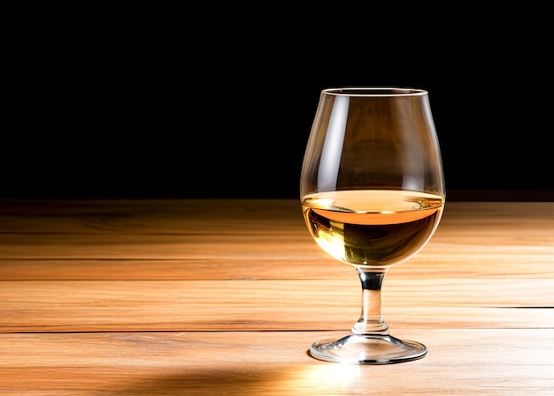 Wineglass of white wine on a wooden table in a restaurant