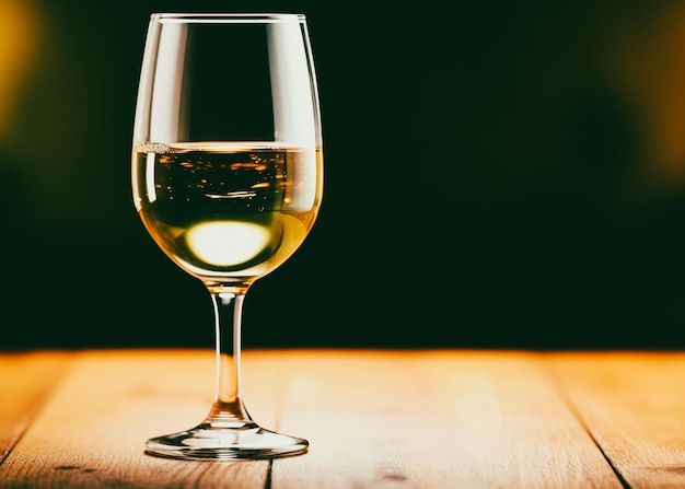 Wineglass of white wine on a wooden table in a restaurant