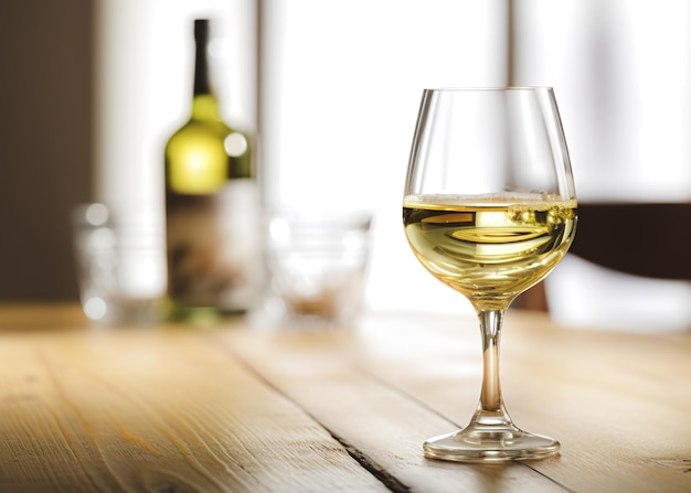 Wineglass of white wine on a wooden table in a restaurant