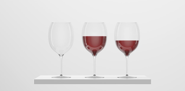 Wineglasses set with red liquid on podium Empty and full crystal glasses with wine clear cups with alcohol drink for tasting on stage isolated on white background Realistic illustration 3d render