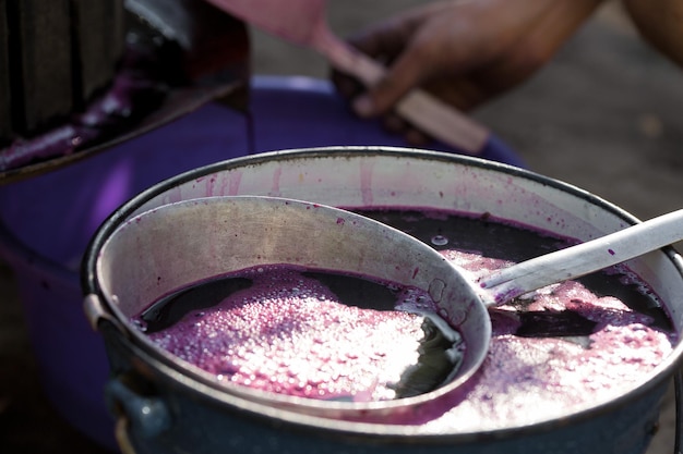 The winemaker pours grape juice for transportation into barrels