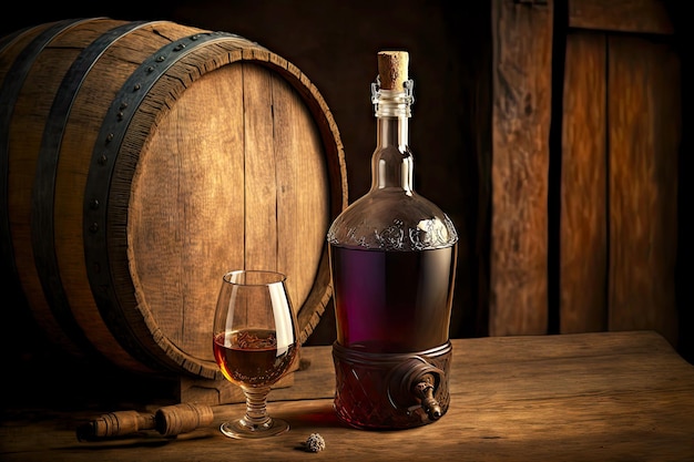 木製の樽を背景にボトルと gl でワイン醸造ドリンク