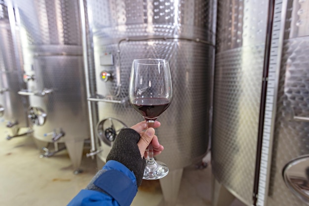 Winery in Romania. Modern technology, wine production equipment. Glass of wine testing