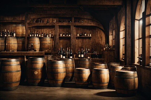 winery with wine wooden barrels ai generative