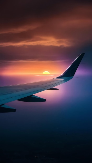 Wing of airplane on blue sky in twilight and sunset