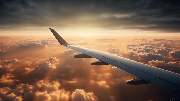 日没時に雲の上を飛ぶ飛行機の翼生成ai