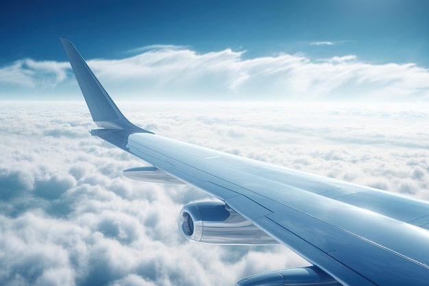 Wing of an airplane flying above the clouds